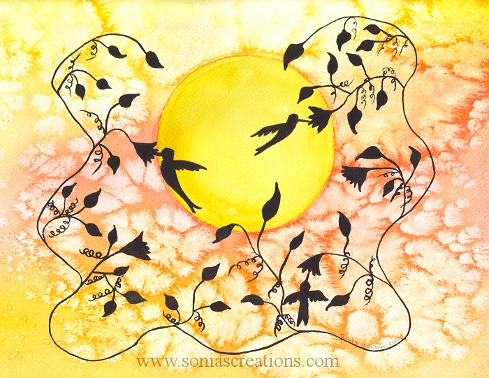 Hummingbirds Sunset watercolour painting